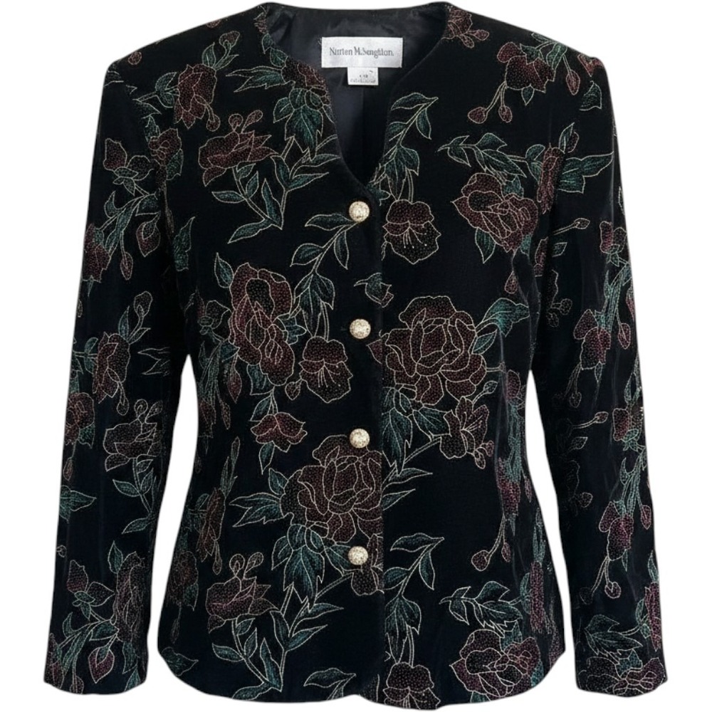 Norton‎ McNaughton Vintage Velvet Floral Blazer Jacket Black Size 10